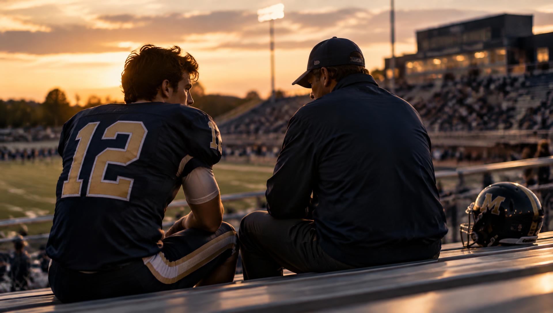 A student-athlete and mentor talking on stadium bleachers at sunset